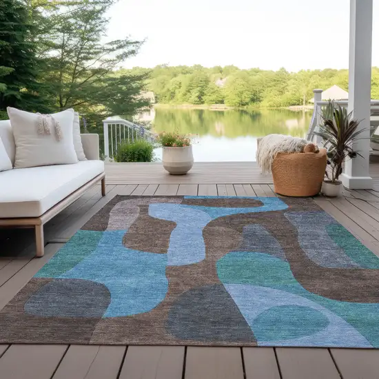 Brown And Blue Abstract Washable Indoor Outdoor Area Rug Photo 5