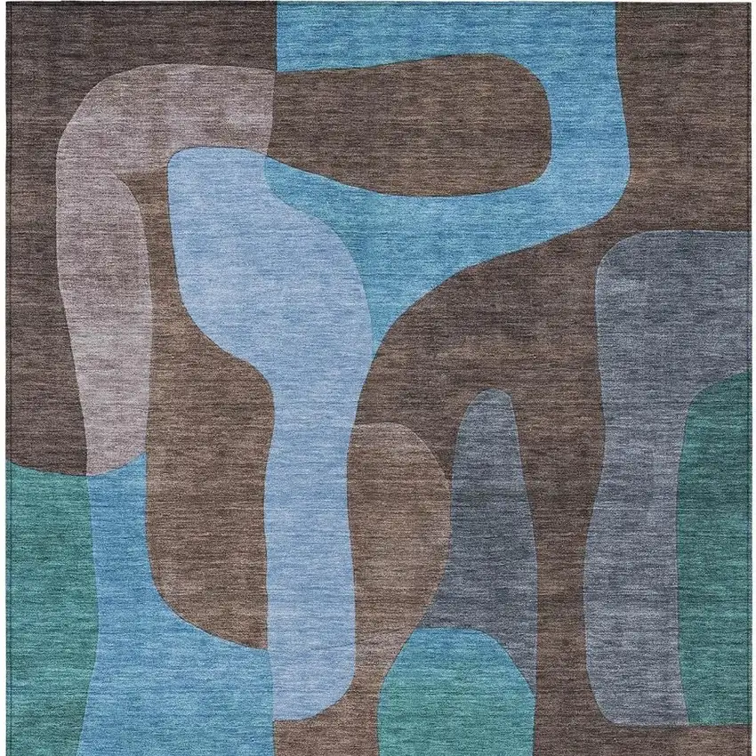 Brown And Blue Abstract Washable Indoor Outdoor Area Rug Photo 4