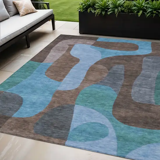 Brown And Blue Abstract Washable Indoor Outdoor Area Rug Photo 2