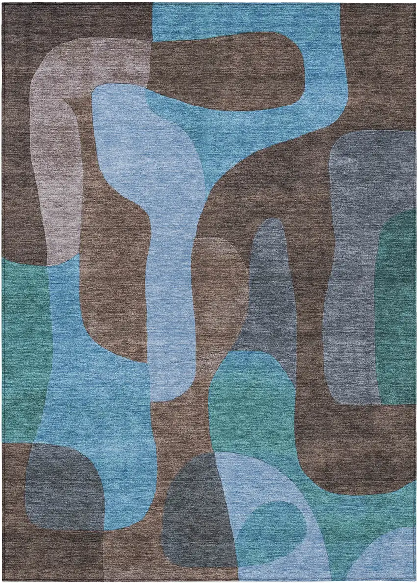 Brown And Blue Abstract Washable Indoor Outdoor Area Rug Photo 1