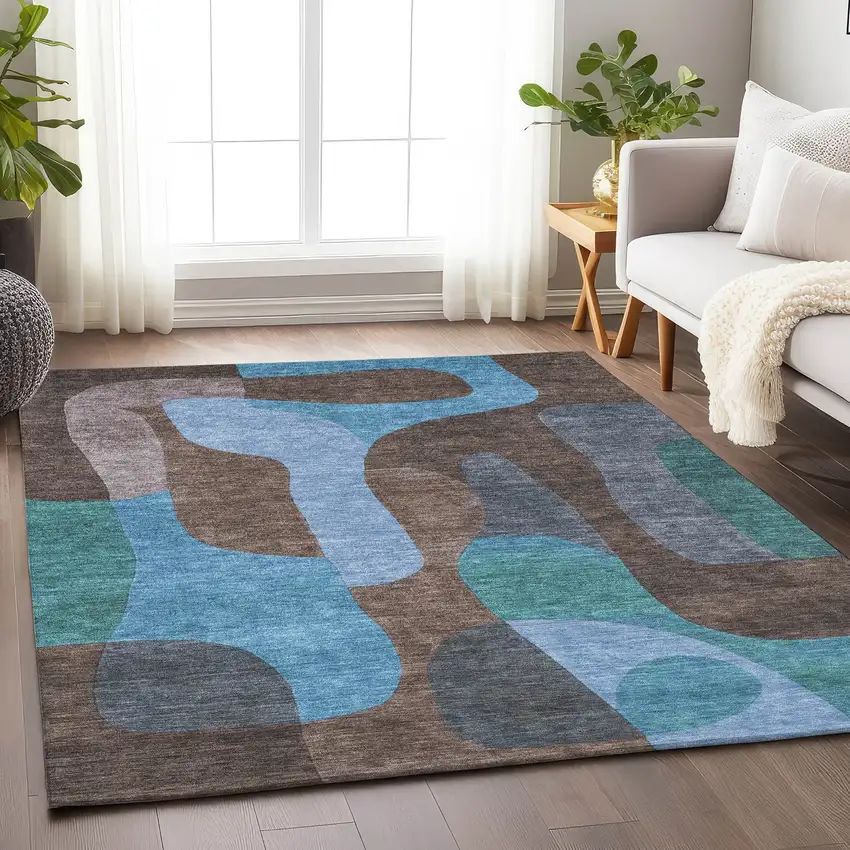Brown And Blue Abstract Washable Indoor Outdoor Area Rug Photo 6