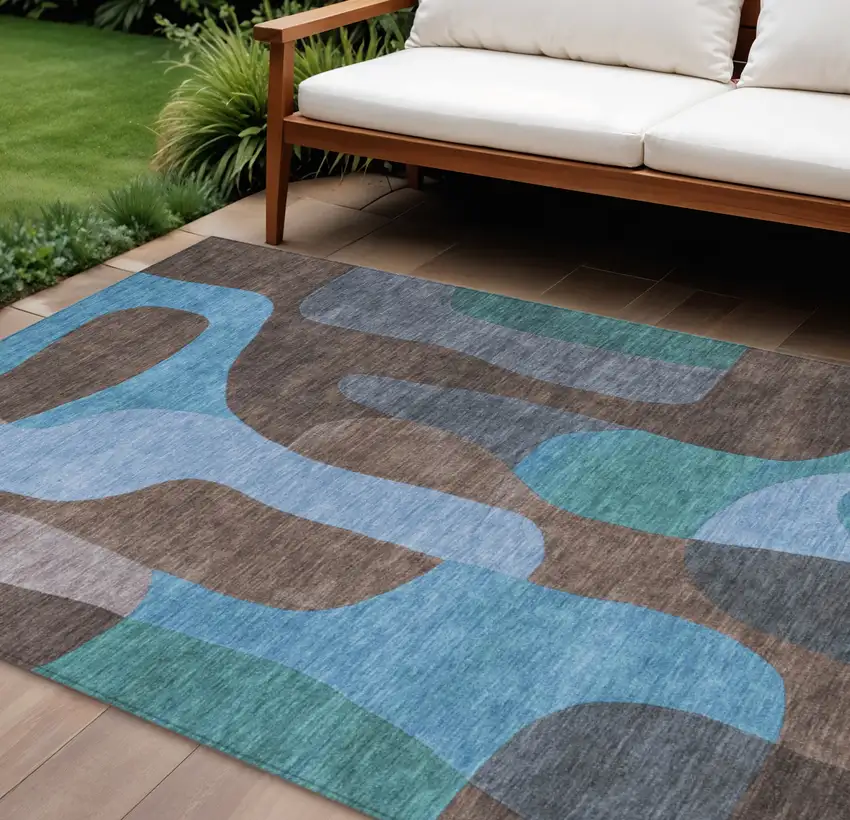 Brown And Blue Abstract Washable Indoor Outdoor Area Rug Photo 2