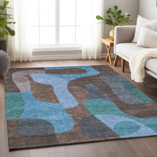 Brown And Blue Abstract Washable Indoor Outdoor Area Rug Photo 6