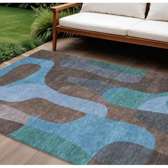 Brown And Blue Abstract Washable Indoor Outdoor Area Rug Photo 2