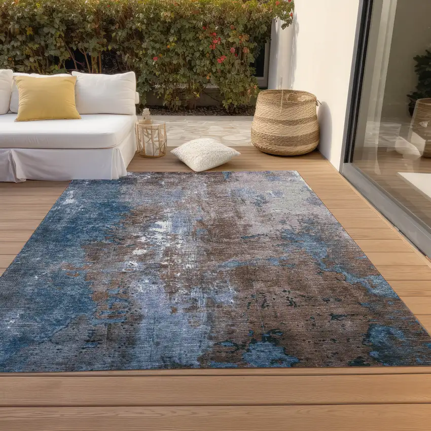 Brown And Blue Abstract Washable Indoor Outdoor Area Rug Photo 7