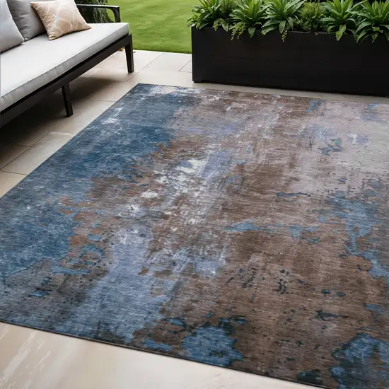 Brown And Blue Abstract Washable Indoor Outdoor Area Rug Photo 2