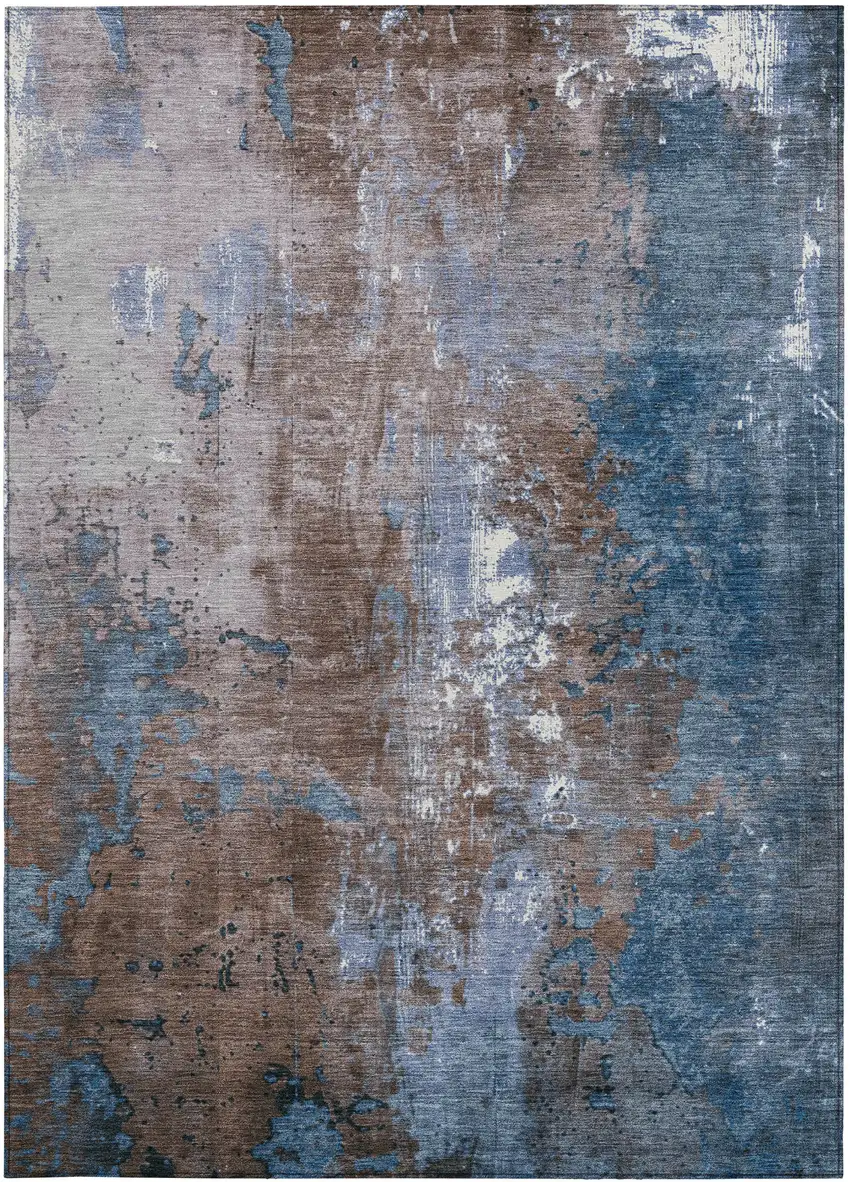 Brown And Blue Abstract Washable Indoor Outdoor Area Rug Photo 9