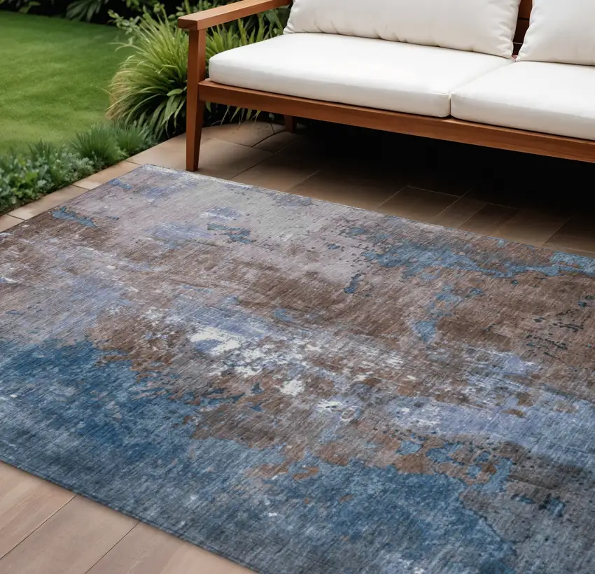Brown And Blue Abstract Washable Indoor Outdoor Area Rug Photo 2