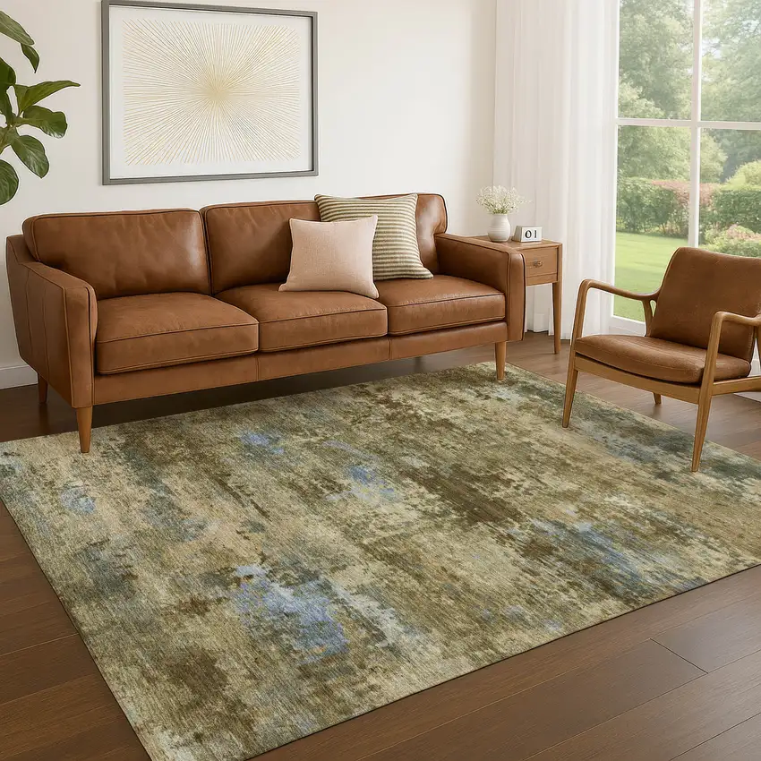 Brown And Blue Abstract Washable Indoor Outdoor Area Rug Photo 5