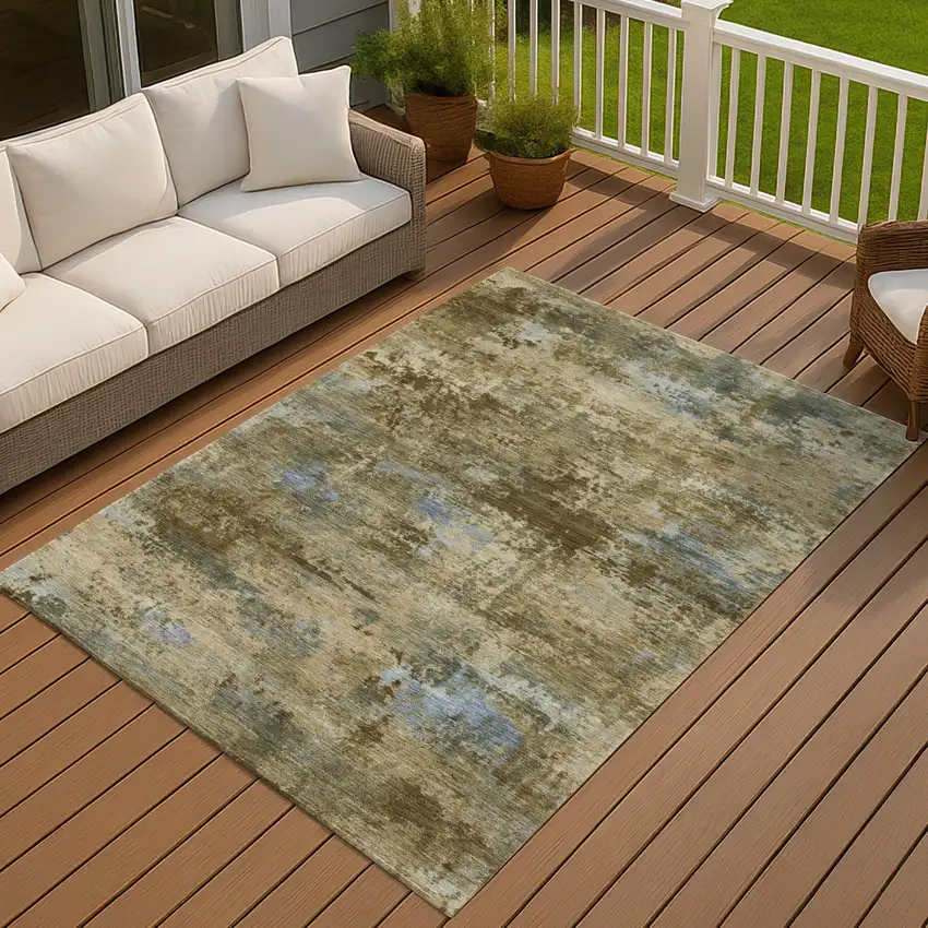 Brown And Blue Abstract Washable Indoor Outdoor Area Rug Photo 4