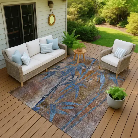 Brown And Blue Botanical Leaves Washable Indoor Outdoor Area Rug Photo 7