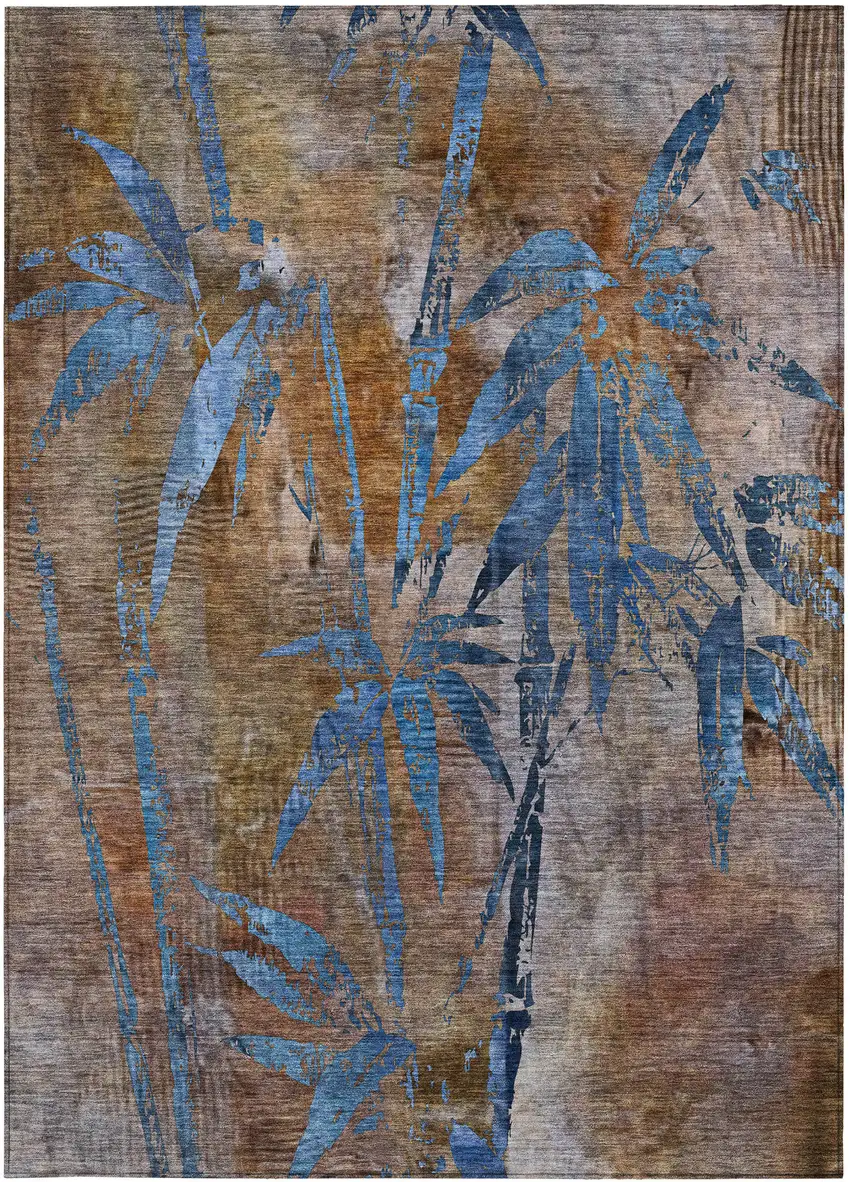 Brown And Blue Botanical Leaves Washable Indoor Outdoor Area Rug Photo 3