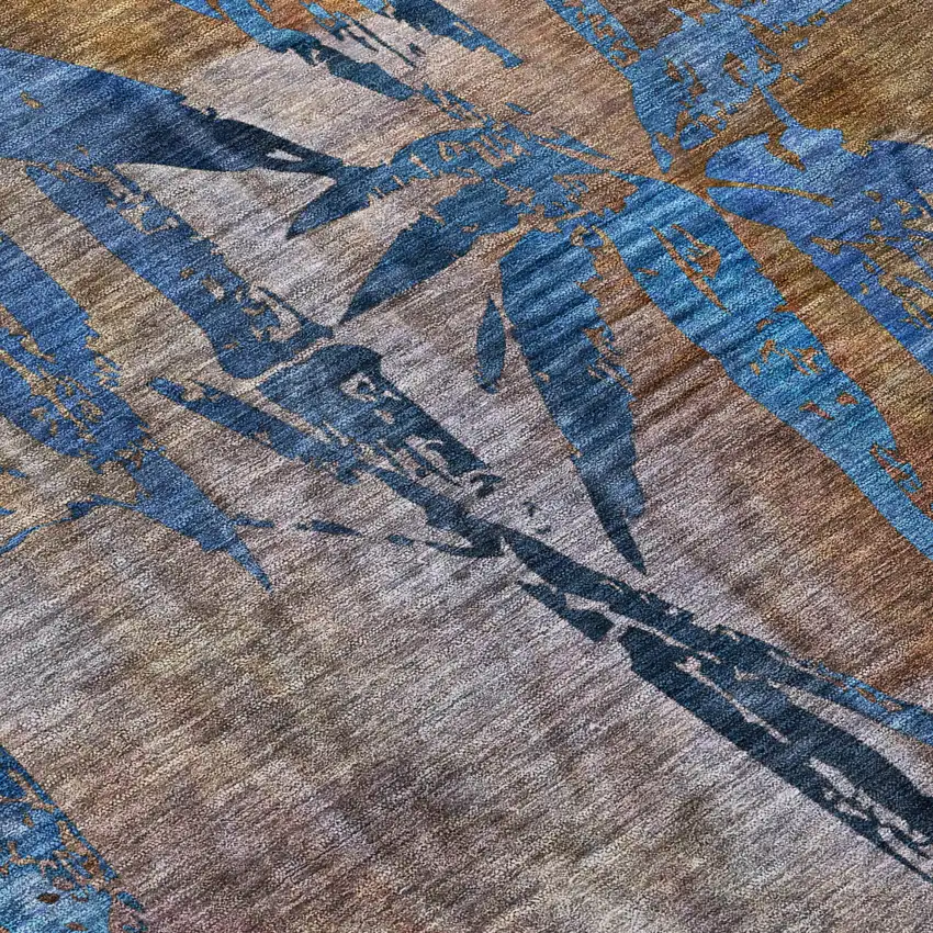 Brown And Blue Botanical Leaves Washable Indoor Outdoor Area Rug Photo 5