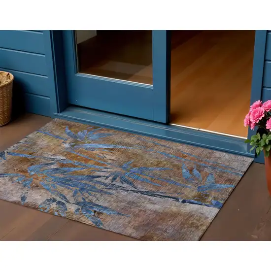 Brown And Blue Botanical Leaves Washable Indoor Outdoor Area Rug Photo 2