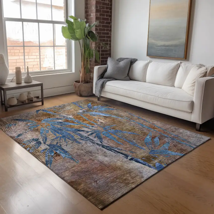 Brown And Blue Botanical Leaves Washable Indoor Outdoor Area Rug Photo 9