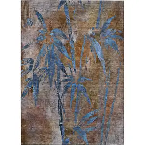 Photo of Brown And Blue Botanical Leaves Washable Indoor Outdoor Area Rug