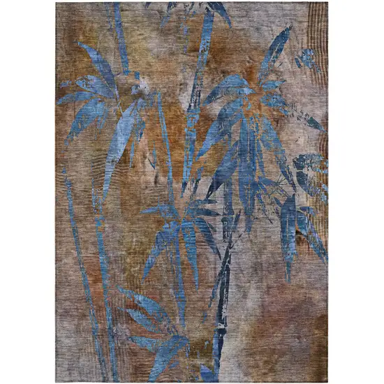 Brown And Blue Botanical Leaves Washable Indoor Outdoor Area Rug Photo 3