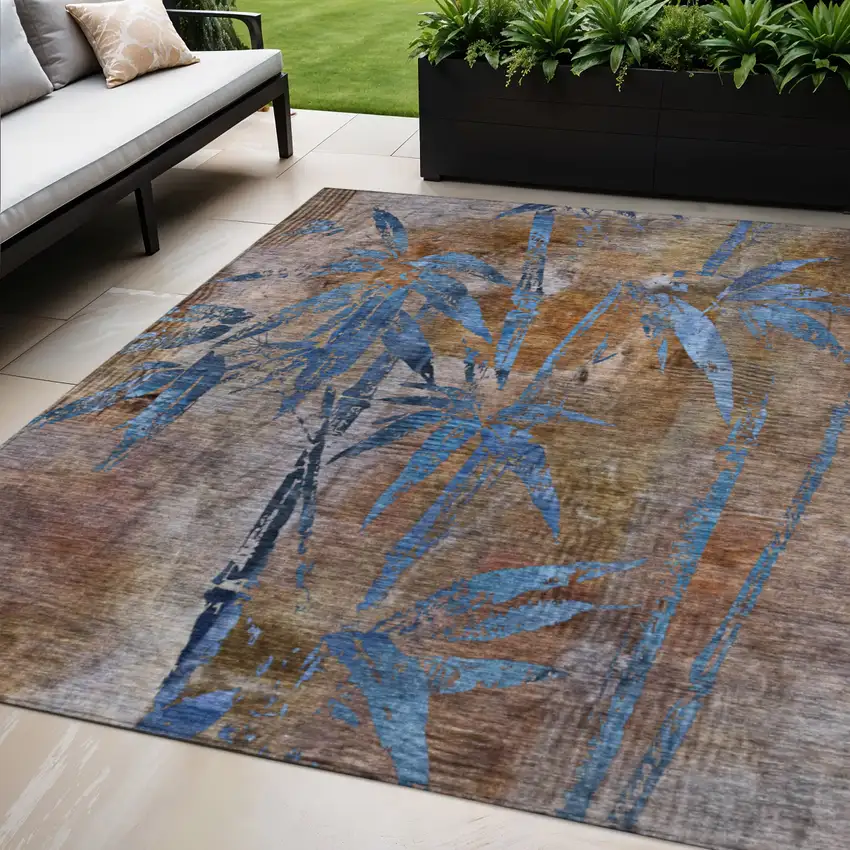 Brown And Blue Botanical Leaves Washable Indoor Outdoor Area Rug Photo 2