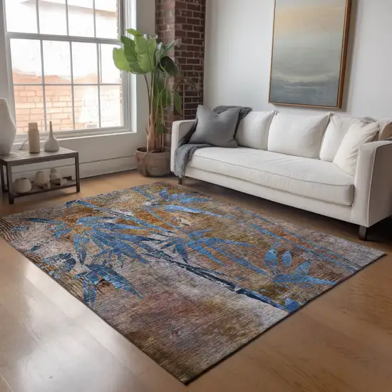 Brown And Blue Botanical Leaves Washable Indoor Outdoor Area Rug Photo 8