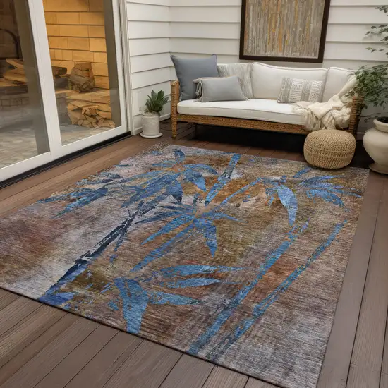 Brown And Blue Botanical Leaves Washable Indoor Outdoor Area Rug Photo 9