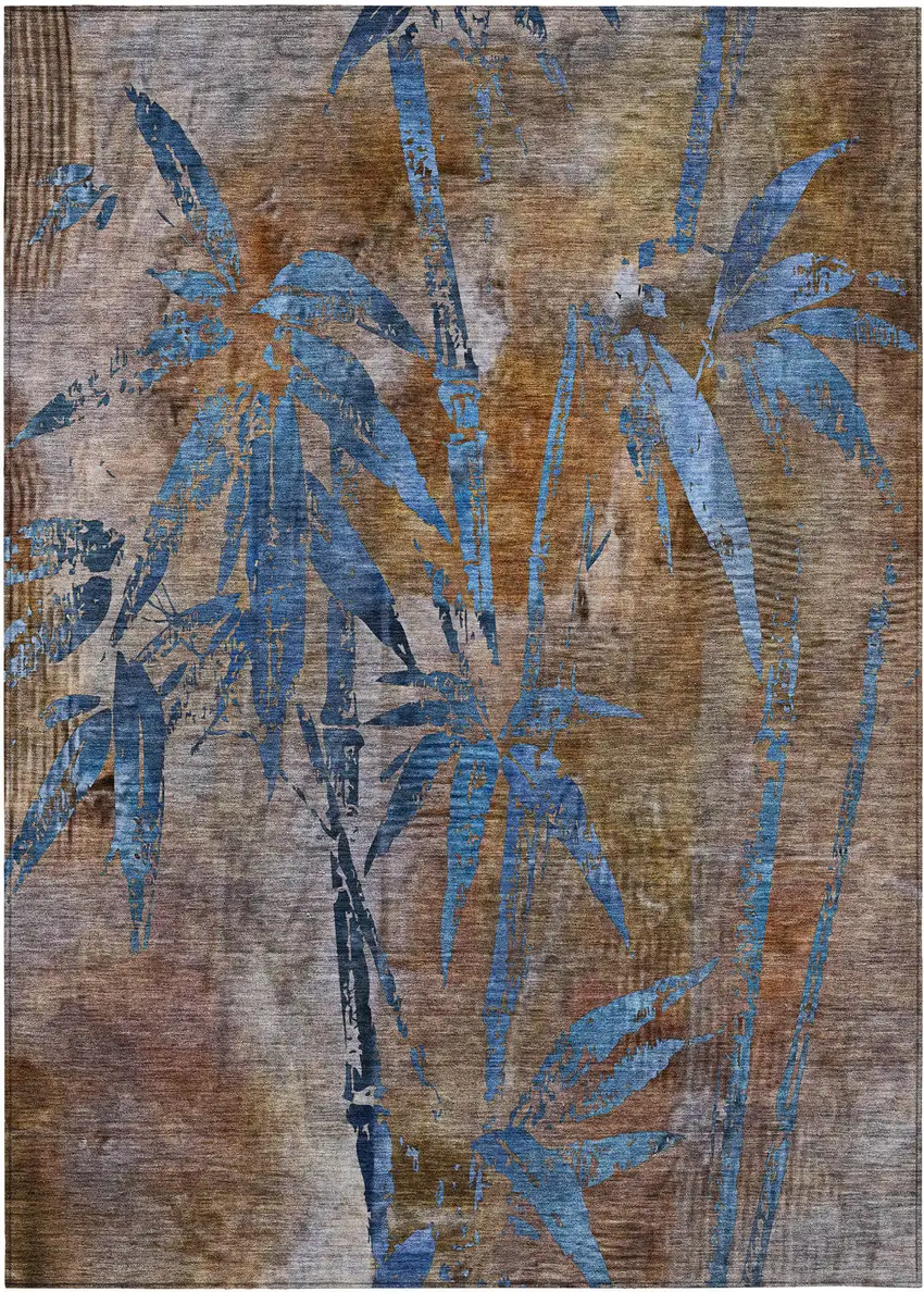 Brown And Blue Botanical Leaves Washable Indoor Outdoor Area Rug Photo 1