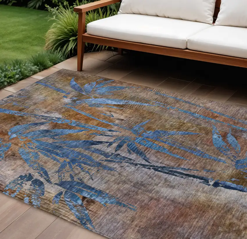 Brown And Blue Botanical Leaves Washable Indoor Outdoor Area Rug Photo 2
