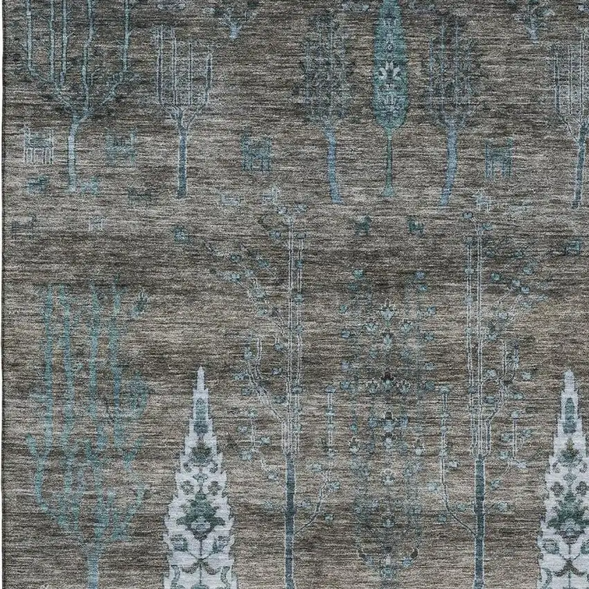 Brown And Blue Floral Washable Area Rug With UV Protection Photo 3