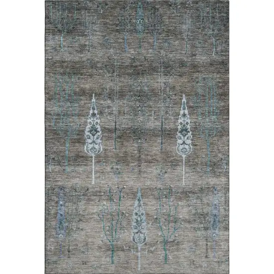 Brown And Blue Floral Washable Area Rug With UV Protection Photo 1
