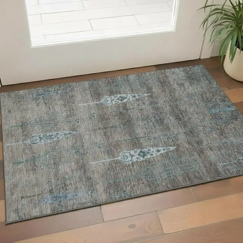 Brown And Blue Floral Washable Area Rug With UV Protection Photo 2