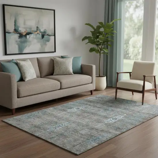 Brown And Blue Floral Washable Area Rug With UV Protection Photo 2