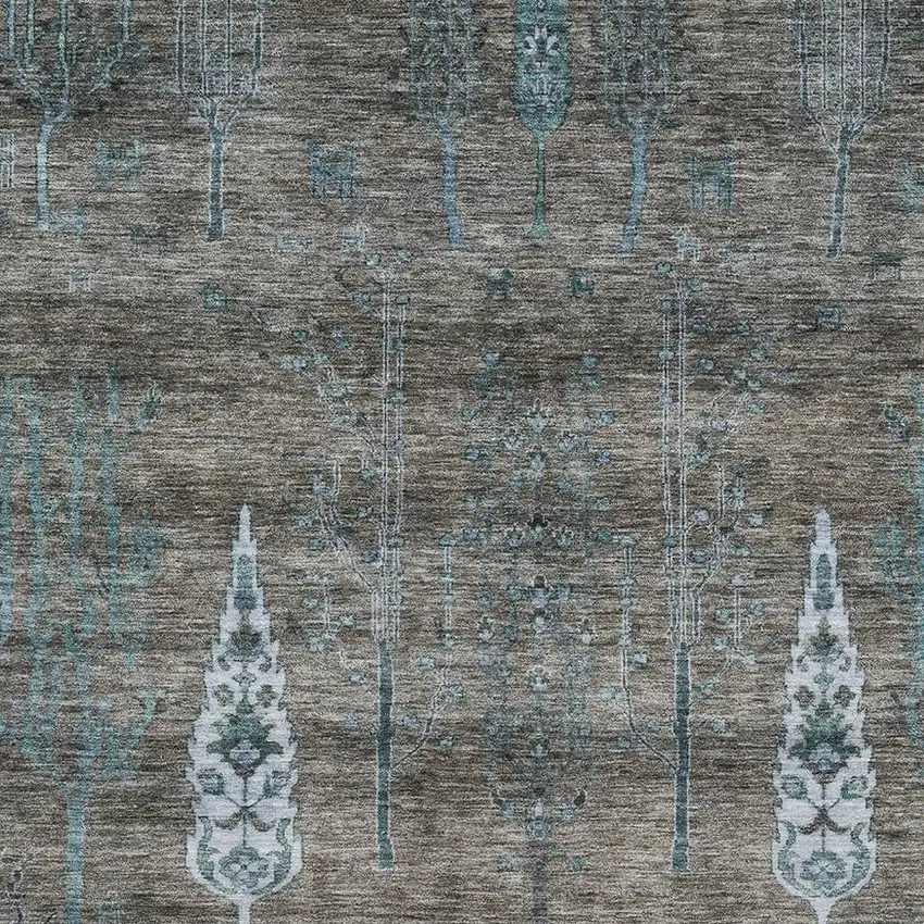 Brown And Blue Floral Washable Area Rug With UV Protection Photo 3