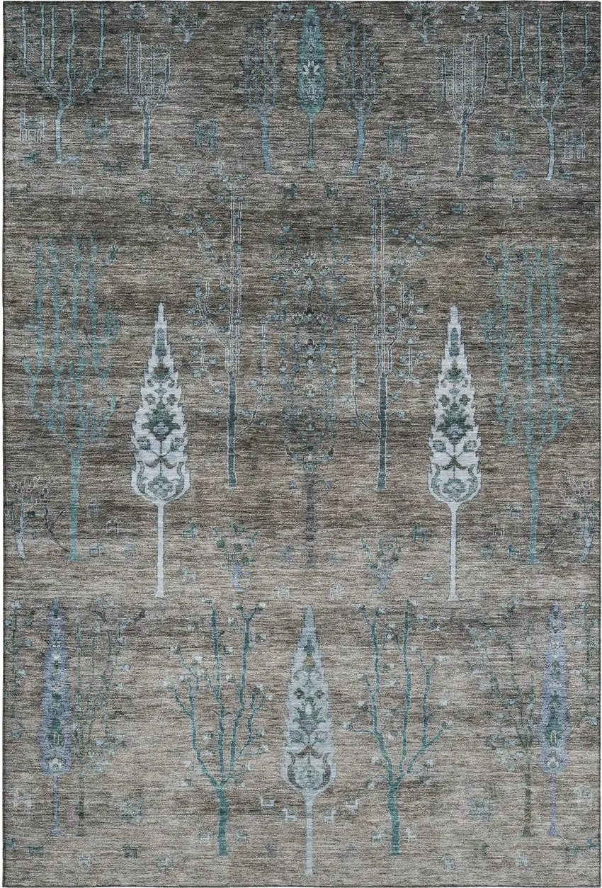 Brown And Blue Floral Washable Area Rug With UV Protection Photo 1