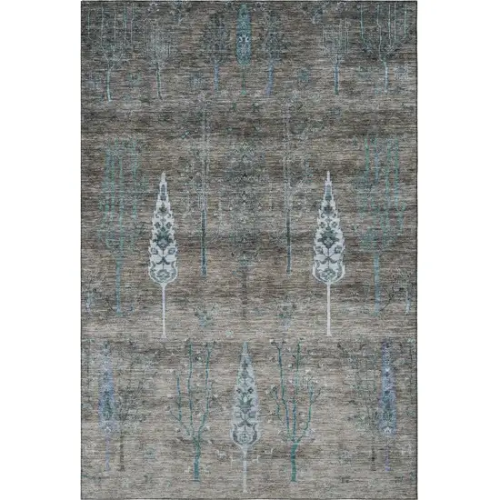 Brown And Blue Floral Washable Area Rug With UV Protection Photo 4