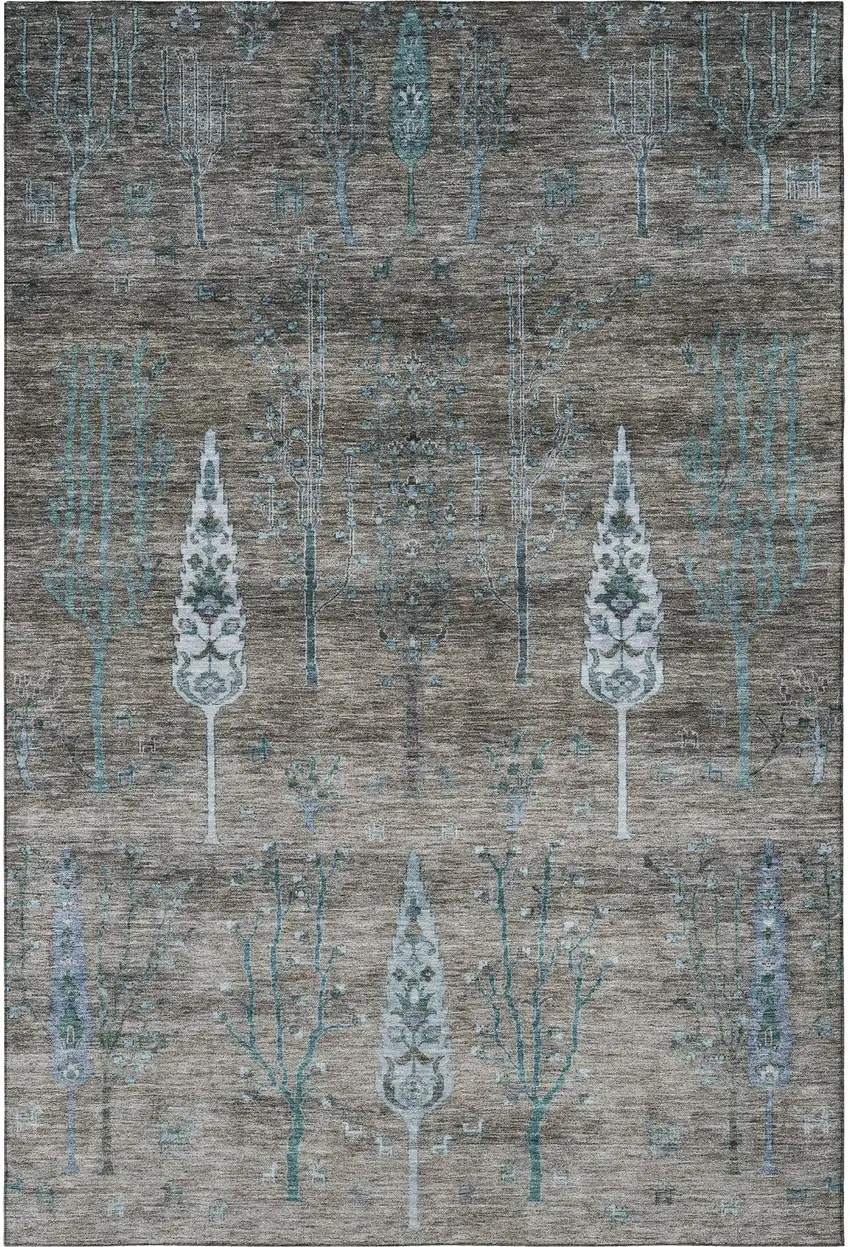 Brown And Blue Floral Washable Area Rug With UV Protection Photo 4