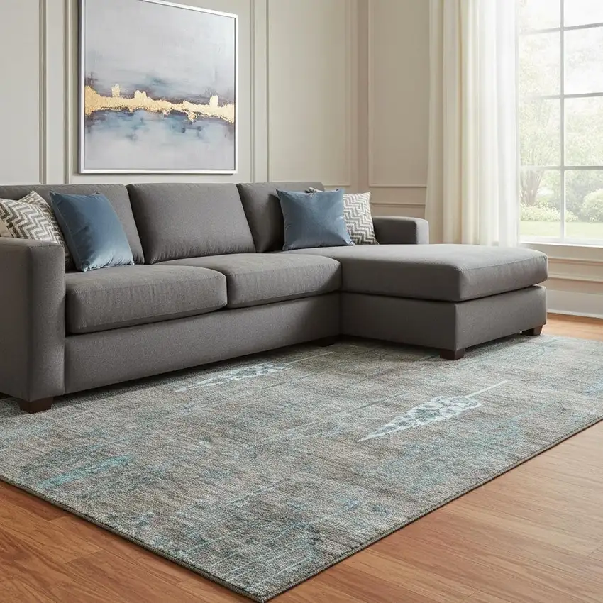 Brown And Blue Floral Washable Area Rug With UV Protection Photo 2