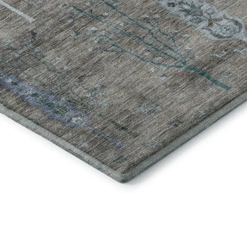 Brown And Blue Floral Washable Area Rug With UV Protection Photo 8