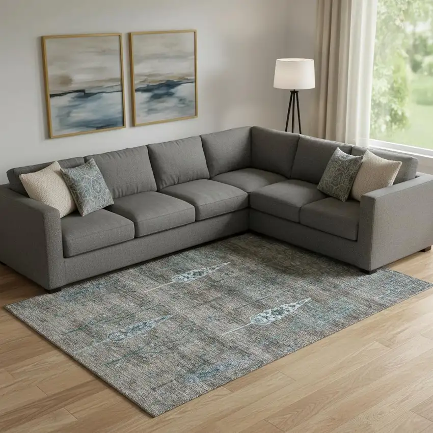 Brown And Blue Floral Washable Area Rug With UV Protection Photo 2