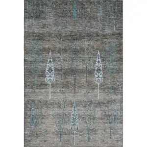 Photo of Brown And Blue Floral Washable Area Rug With UV Protection