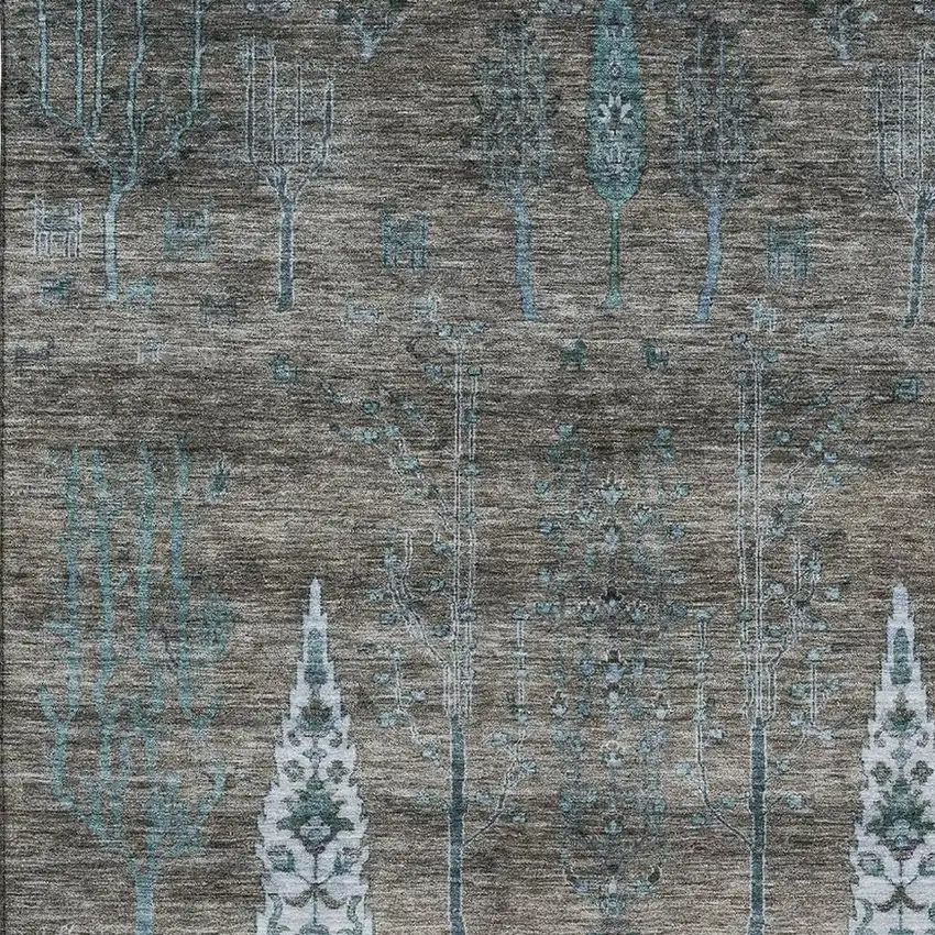 Brown And Blue Floral Washable Area Rug With UV Protection Photo 3