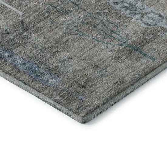 Brown And Blue Floral Washable Area Rug With UV Protection Photo 8