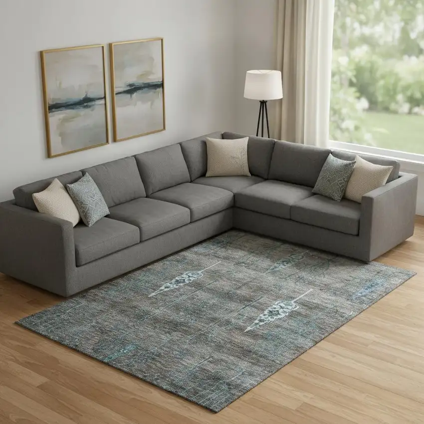 Brown And Blue Floral Washable Area Rug With UV Protection Photo 2