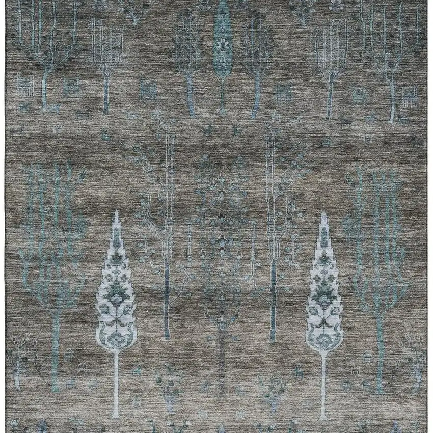 Brown And Blue Floral Washable Area Rug With UV Protection Photo 3