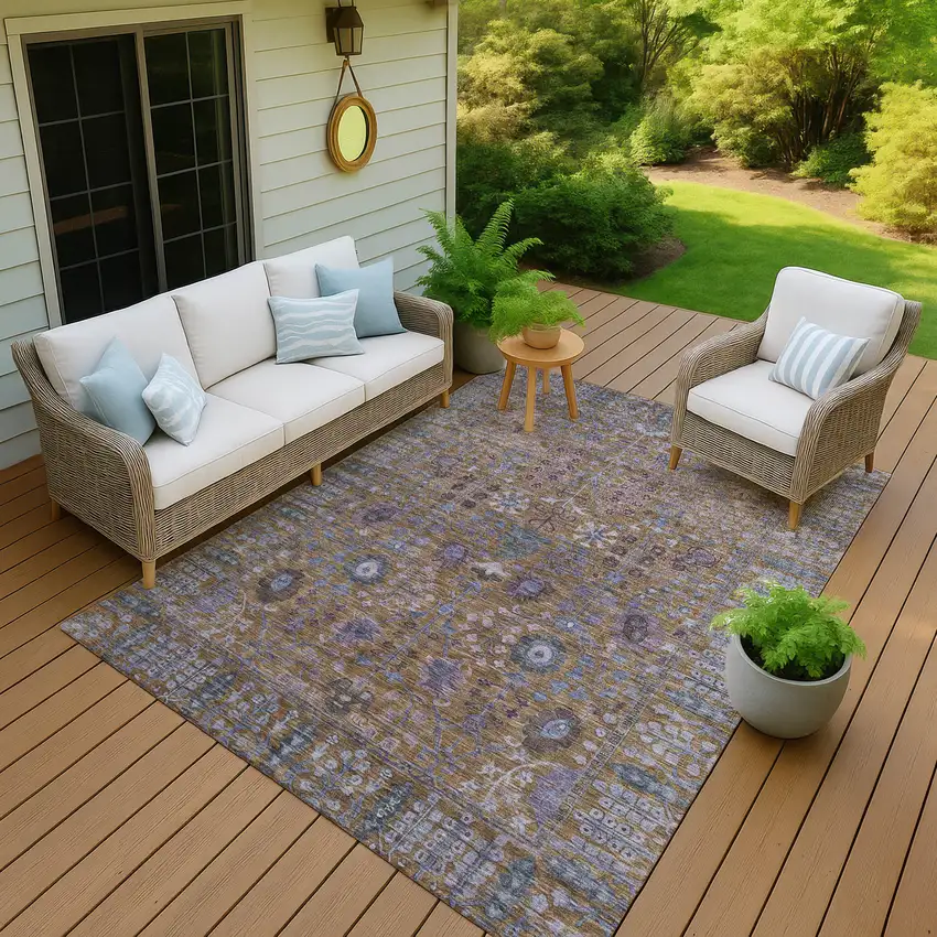Brown And Blue Floral Washable Indoor Outdoor Area Rug Photo 7