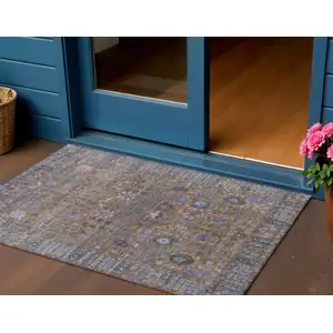 Photo of Brown And Blue Floral Washable Indoor Outdoor Area Rug