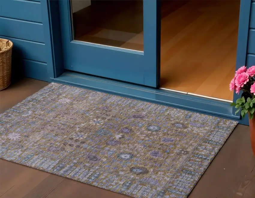 Brown And Blue Floral Washable Indoor Outdoor Area Rug Photo 1