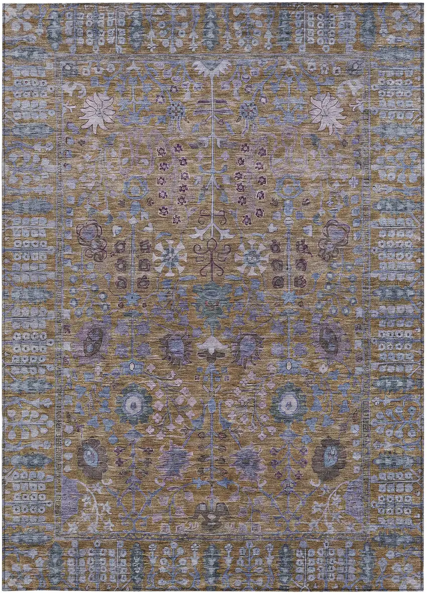Brown And Blue Floral Washable Indoor Outdoor Area Rug Photo 4