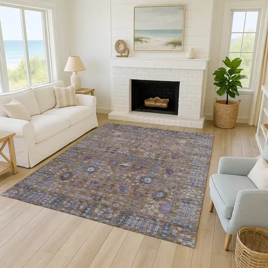 Brown And Blue Floral Washable Indoor Outdoor Area Rug Photo 7