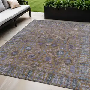 Photo of Brown And Blue Floral Washable Indoor Outdoor Area Rug