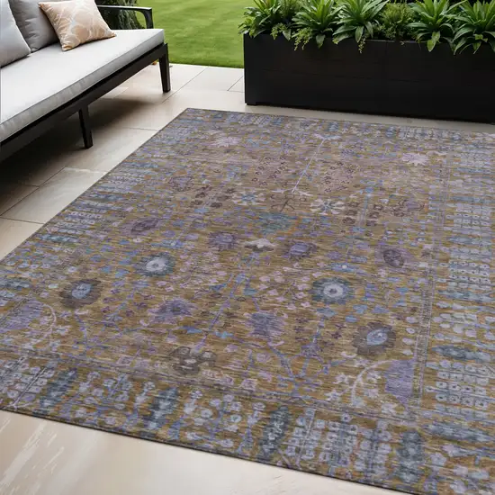 Brown And Blue Floral Washable Indoor Outdoor Area Rug Photo 1