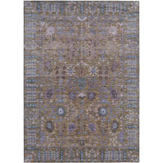 Brown And Blue Floral Washable Indoor Outdoor Area Rug Photo 2